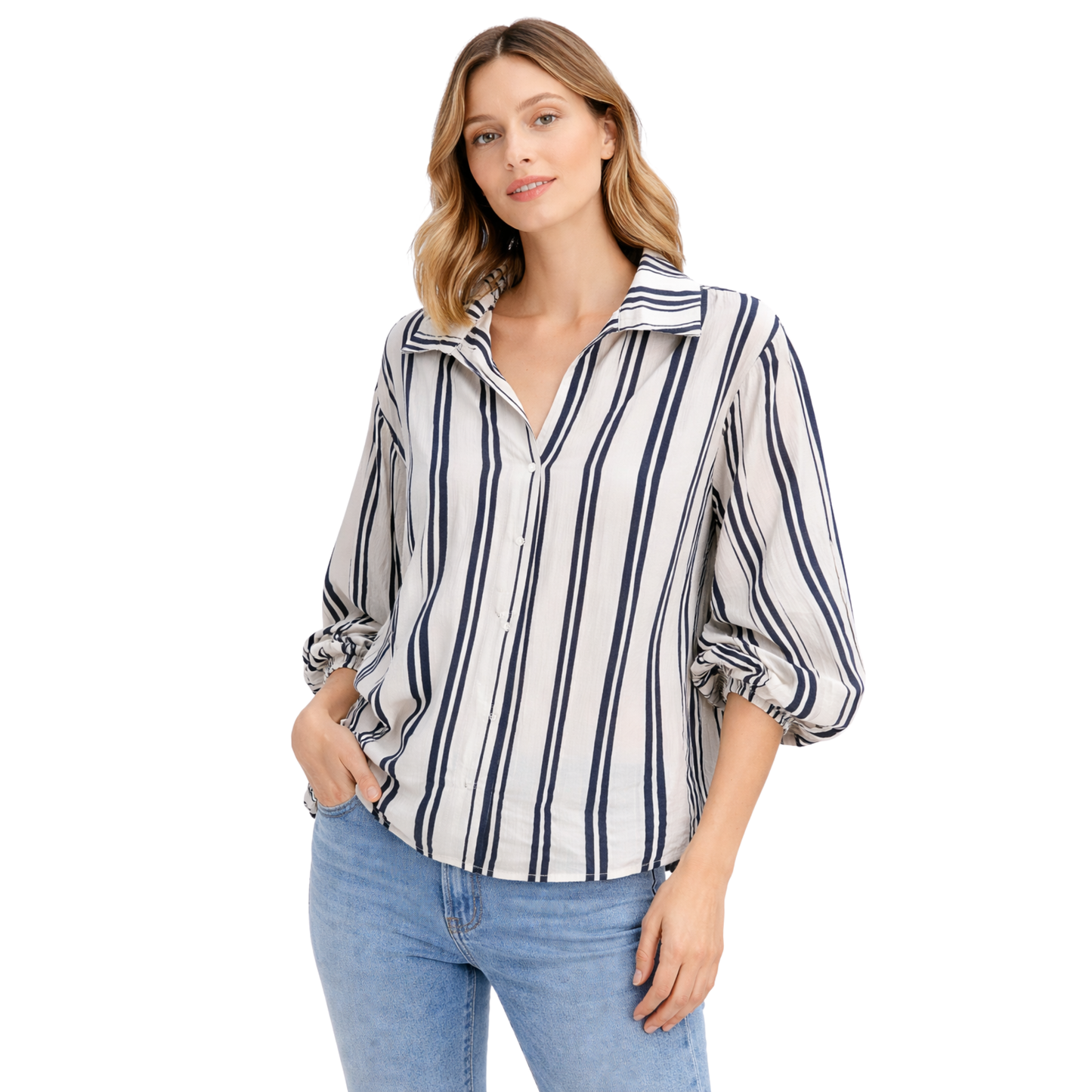 Camicia Donna a Righe con Colletto e Maniche Elastiche
