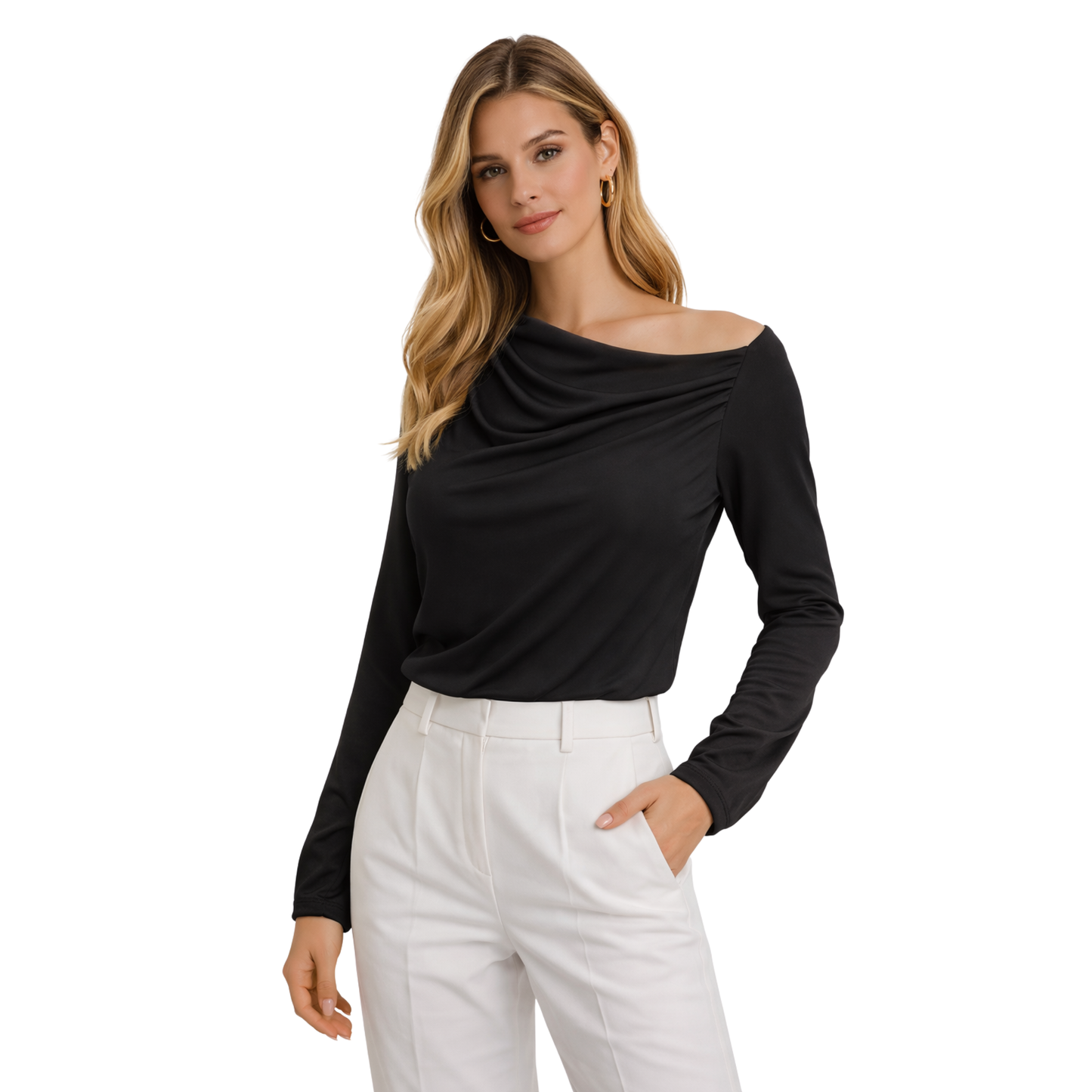 Top Donna Elegante Drappeggiato Manica Lunga