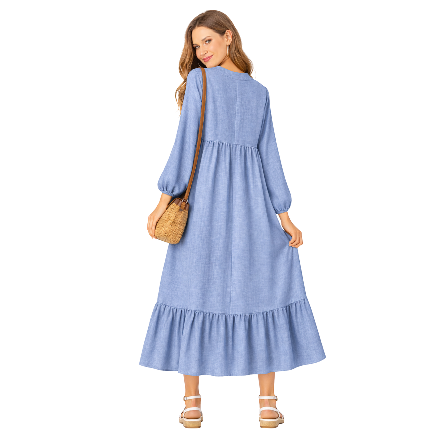 Vestito Lungo Donna Leggero con Maniche Lunghe e Taglio Morbido