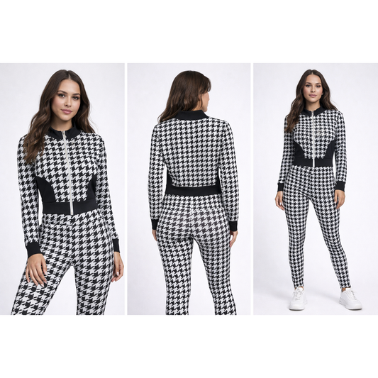 Completo Sportivo Donna Houndstooth Zip – Set Fitness 2 Pezzi Trendy Elasticizzato