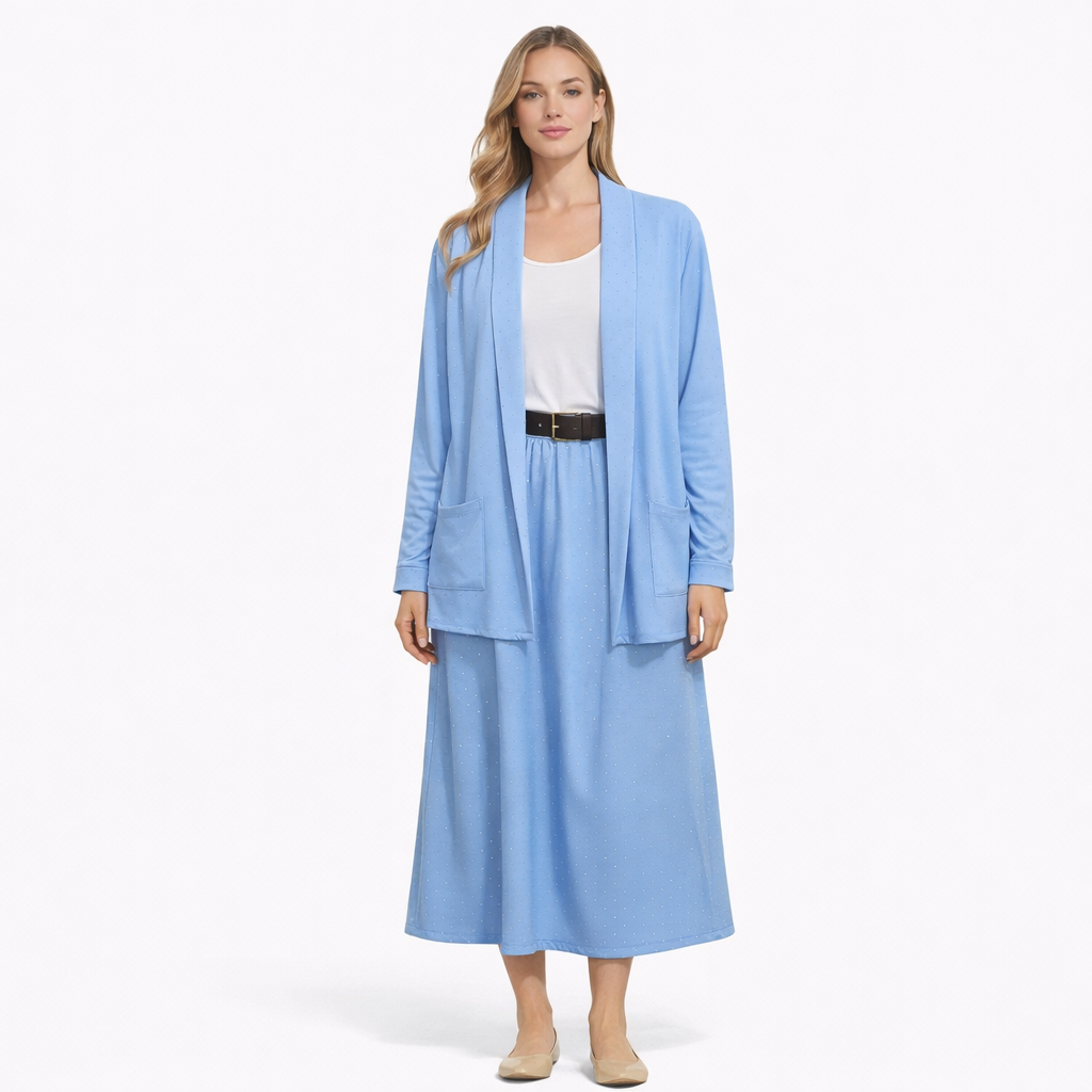 Completo Donna Cardigan e Gonna Midi con Micro Brillantini – Set Elegante Casual Estivo