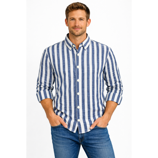 Camicia Uomo a Righe Verticali Slim Fit in Cotone Leggero – Beige, Blu e Grigio | Stile Estivo Casual Elegante