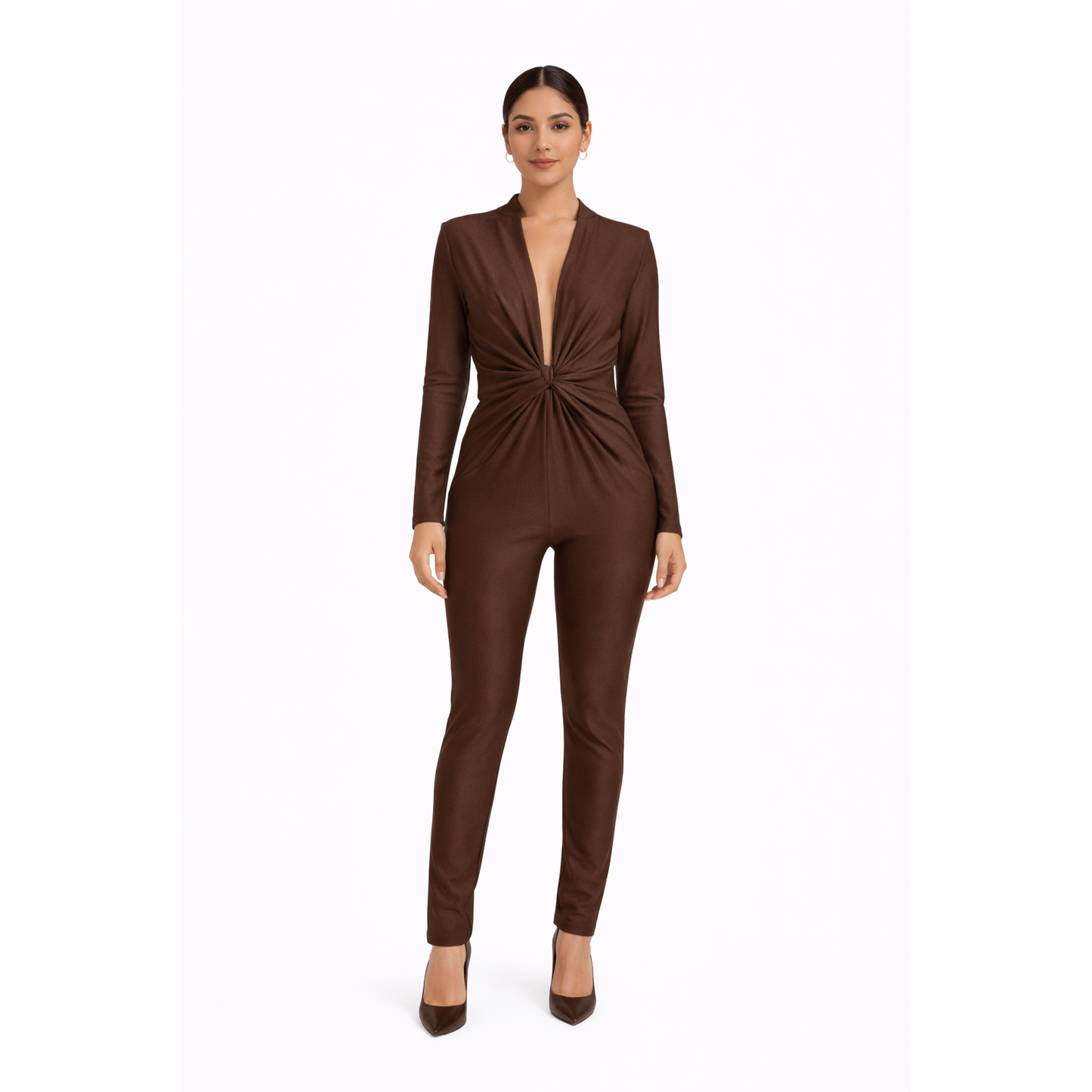 Tuta Donna Elegante Marrone con Nodo Frontale – Jumpsuit Aderente Manica Lunga Chic