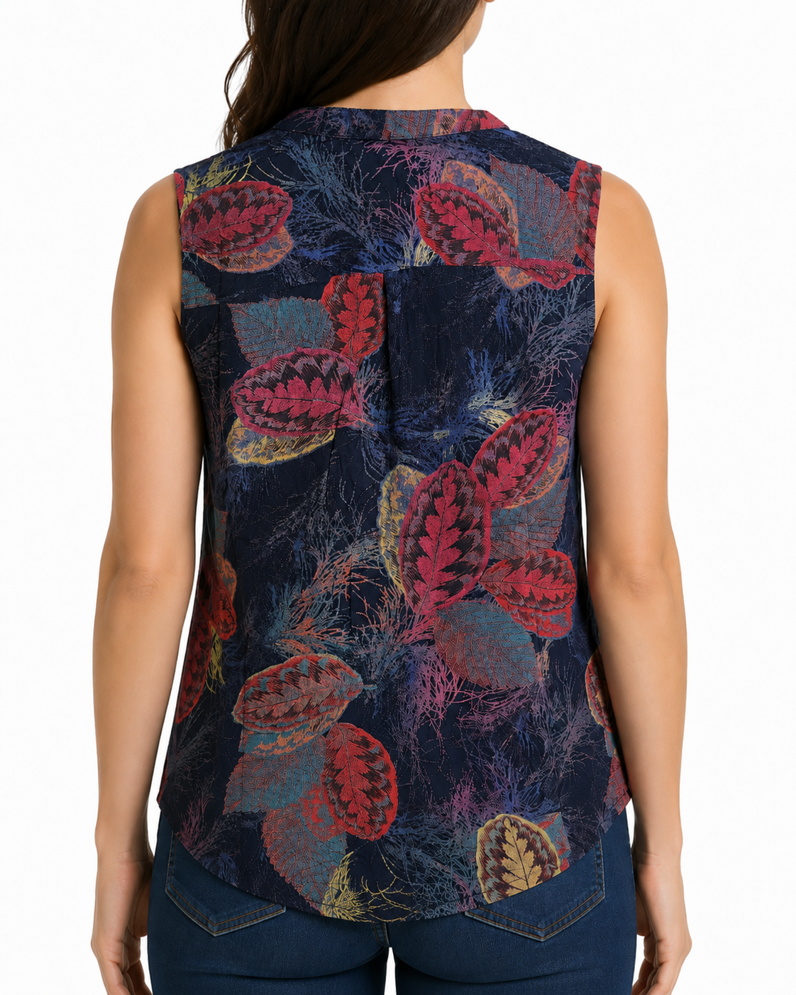 Camicia Donna Smanicata Blu Navy con Stampa Foglie Colorate