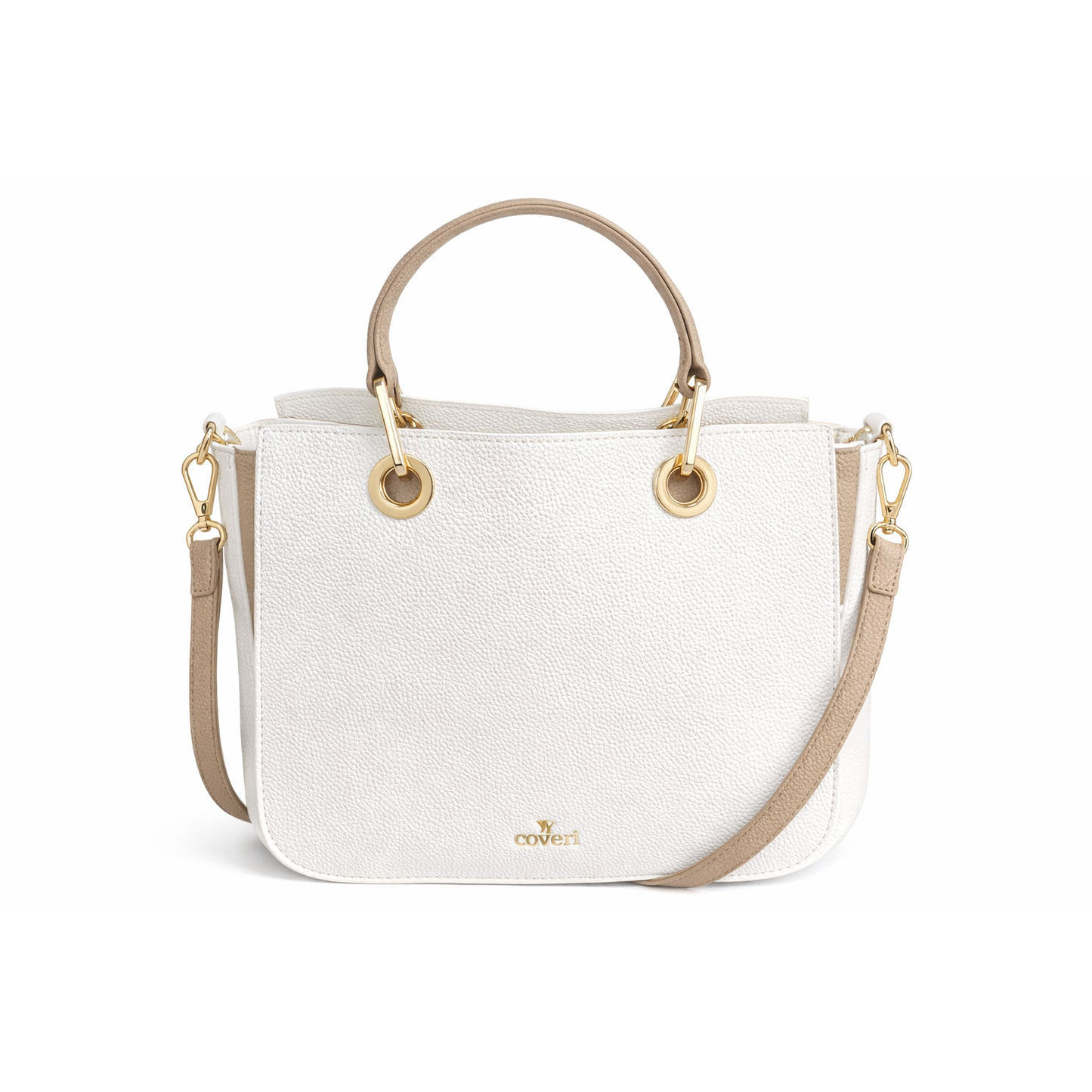Borsa Donna Bianca con Doppi Manici Beige e Tracolla – Tasche Aperte Frontali e Posteriori + Scomparto Centrale con Zip Oro