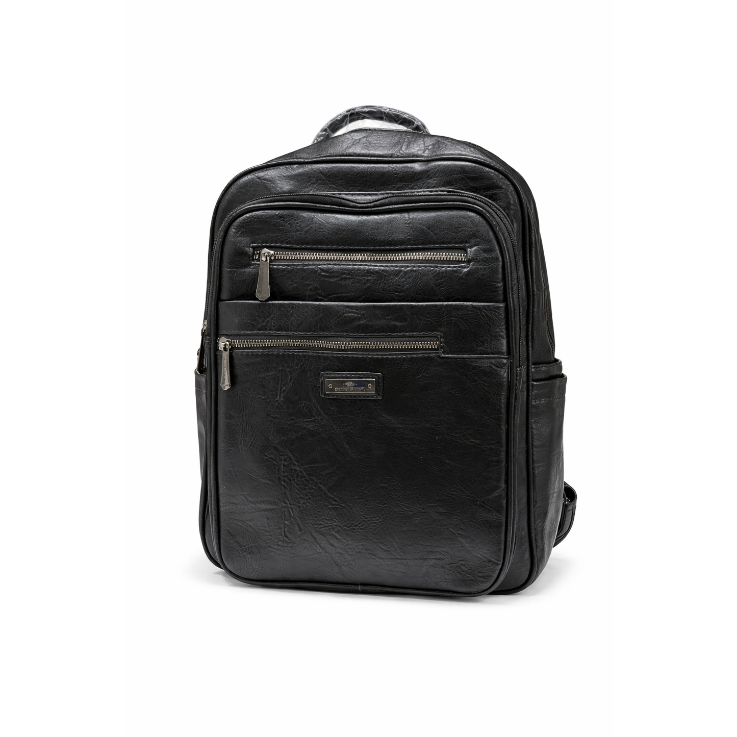 Zaino Uomo Nero in Ecopelle con 3 Tasche Frontali con Zip, Tasca Posteriore con Zip e Ampio Scomparto Principale