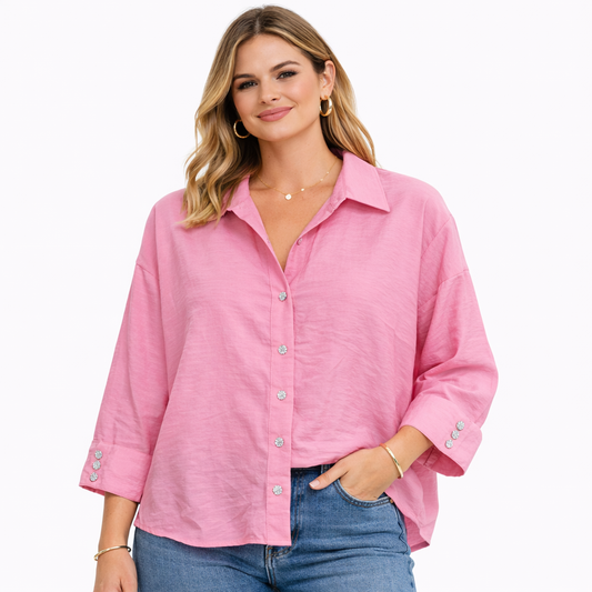 Camicia Donna Morbida Elegante con Bottoni Gioiello – Taglio Oversize Casual Chic