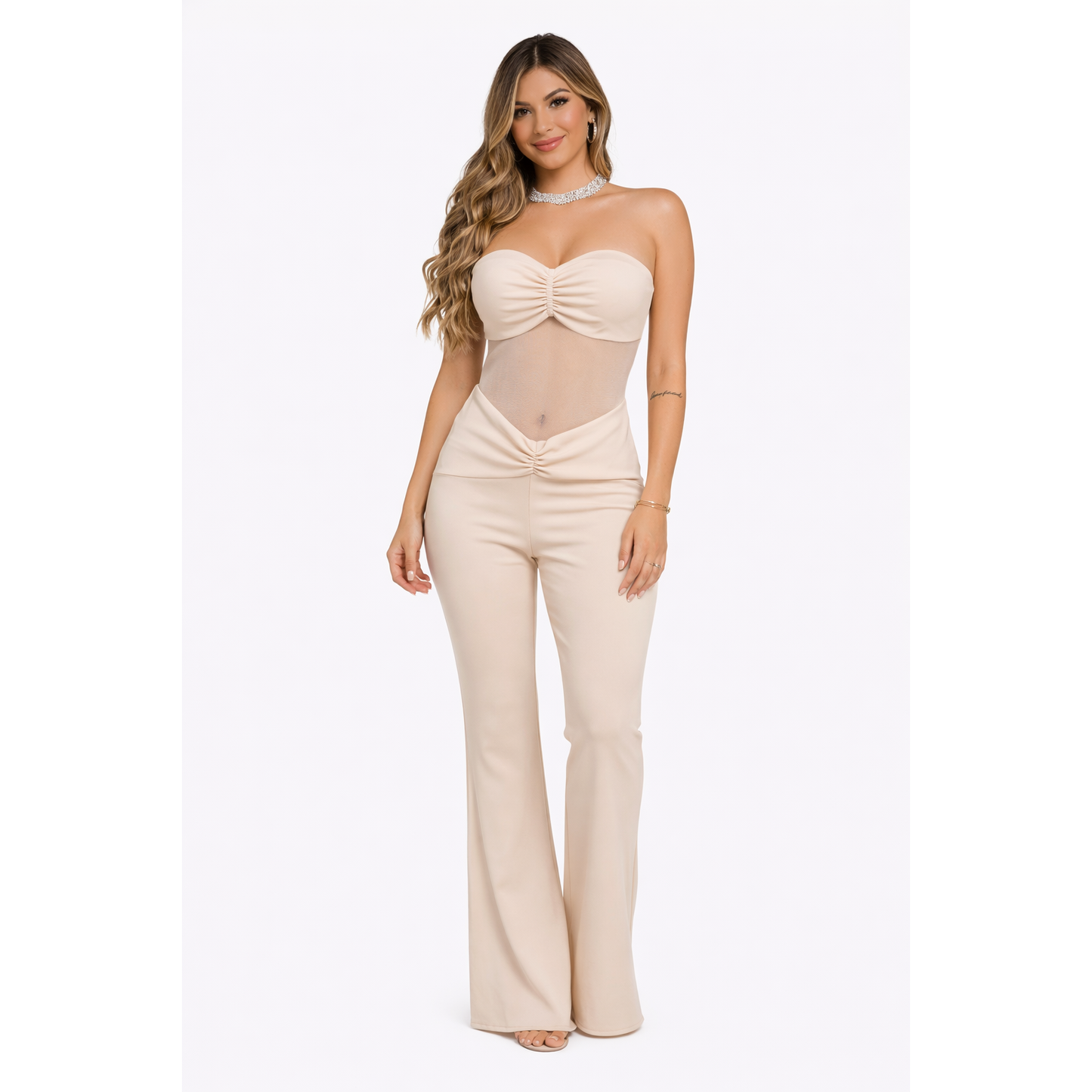 Tuta Donna Elegante con Inserti in Rete Trasparente – Jumpsuit Strapless Modellante Nero & Marrone