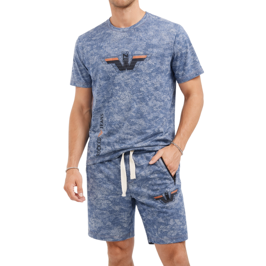 Completo Uomo T-Shirt e Shorts Effetto Denim Casual Estivo