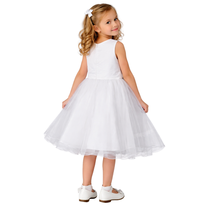 Abito Elegante Bambina Bianco in Tulle con Ricamo e Fiore Decorativo