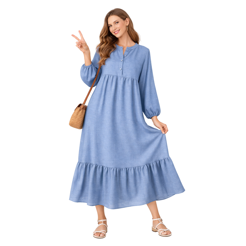 Vestito Lungo Donna Leggero con Maniche Lunghe e Taglio Morbido