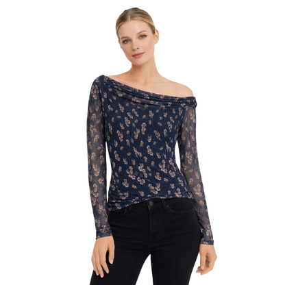 Top in Mesh Floreale Off-Shoulder a Maniche Lunghe – Blusa Donna Slim Fit