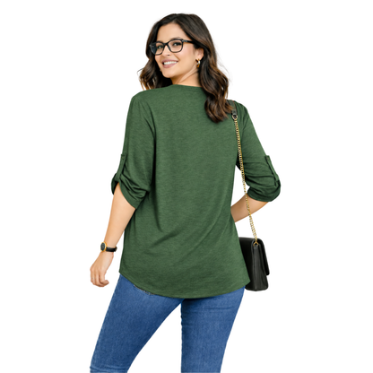 Maglia Donna con Zip Decorativa e Maniche 3/4 – Blusa Casual Elegante