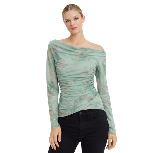 Top in Tulle Floreale Arricciato con Spalle Scoperte – Donna