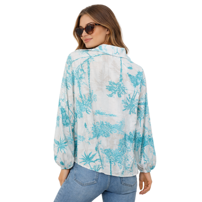 Blusa Donna Stampa Tropicale Collo Aperto