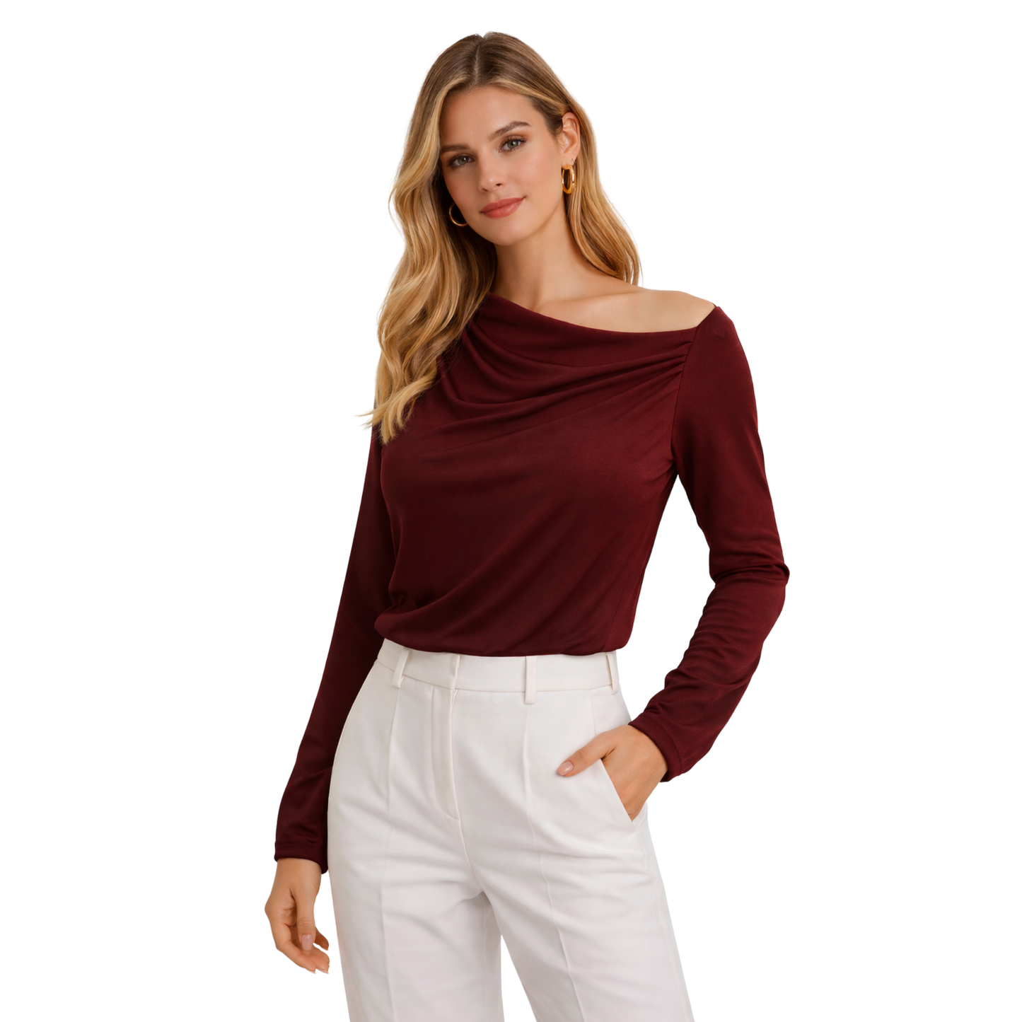 Top Donna Elegante Drappeggiato Manica Lunga