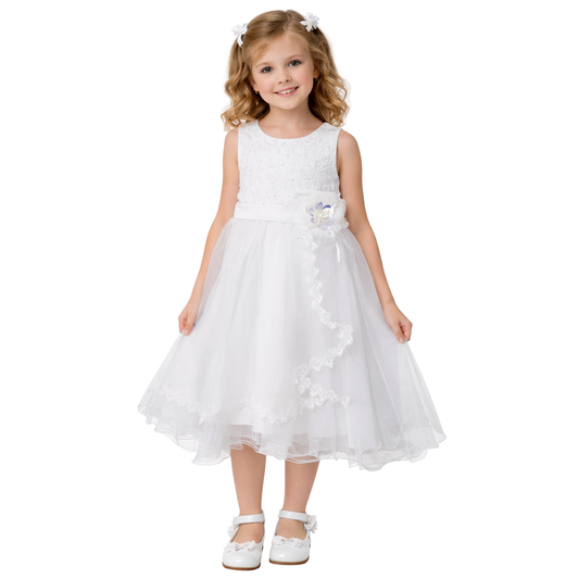 Abito Elegante Bambina Bianco in Tulle con Ricamo e Fiore Decorativo