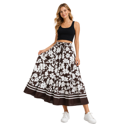 Gonna lunga floreale donna a vita alta con balze