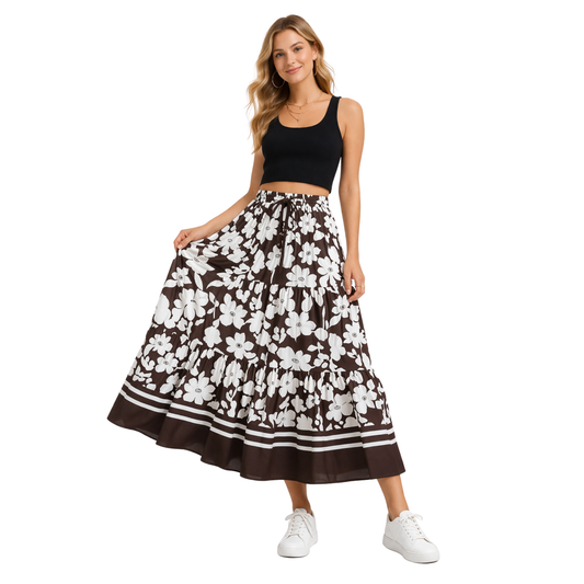 Gonna lunga floreale donna a vita alta con balze