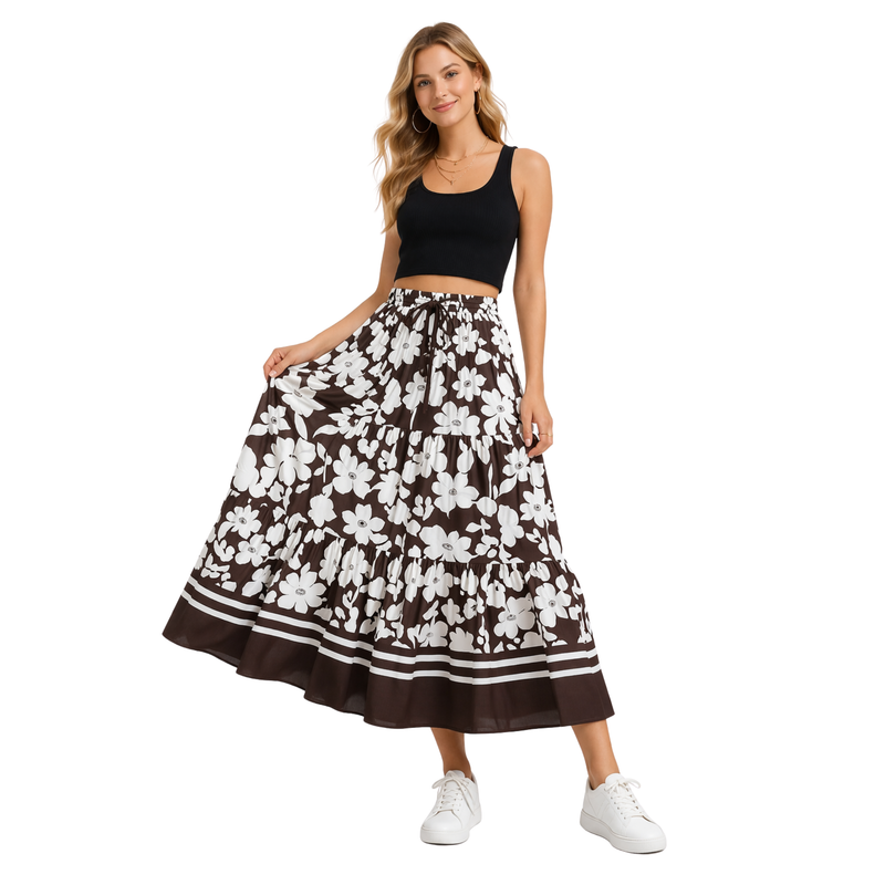 Gonna lunga floreale donna a vita alta con balze