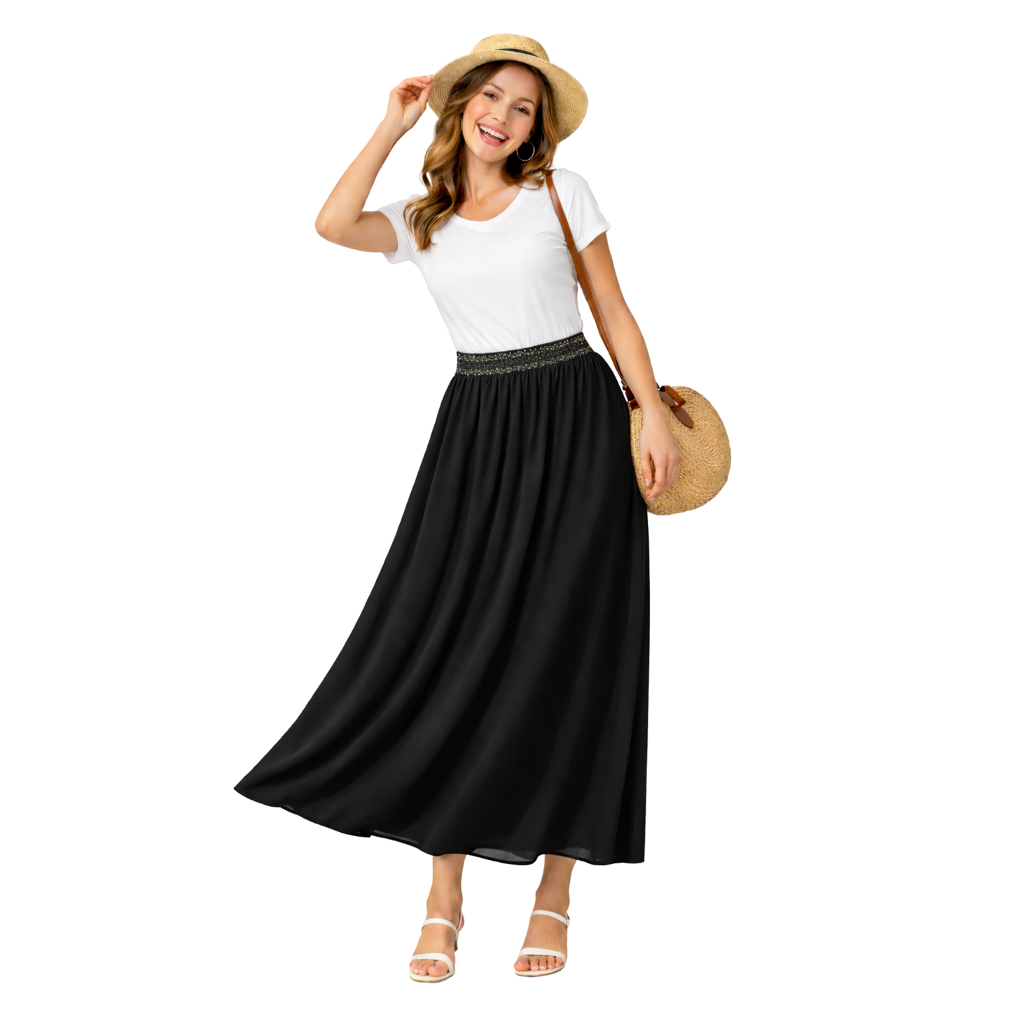 Gonna lunga fluida da donna con vita elastica brillante