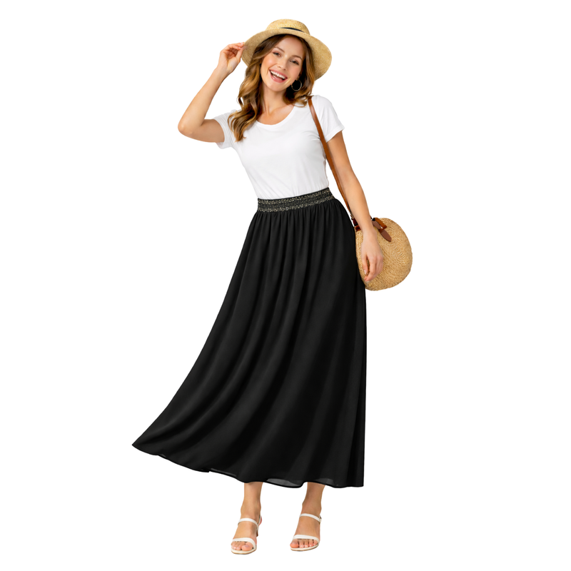 Gonna lunga fluida da donna con vita elastica brillante