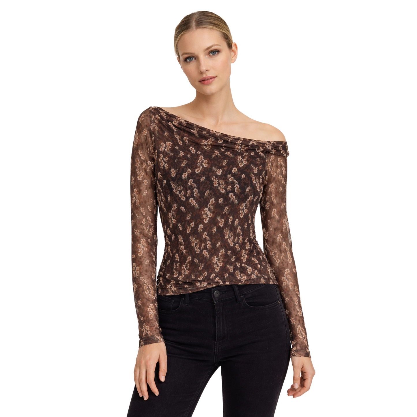 Top in Mesh Floreale Off-Shoulder a Maniche Lunghe – Blusa Donna Slim Fit