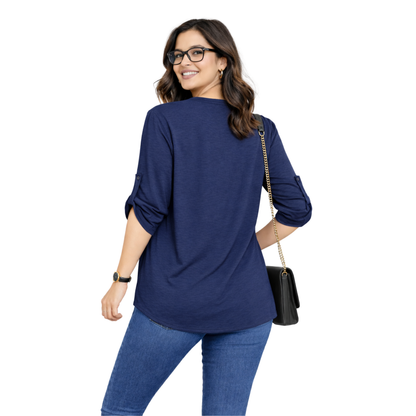 Maglia Donna con Zip Decorativa e Maniche 3/4 – Blusa Casual Elegante