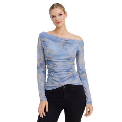Top in Tulle Floreale Arricciato con Spalle Scoperte – Donna
