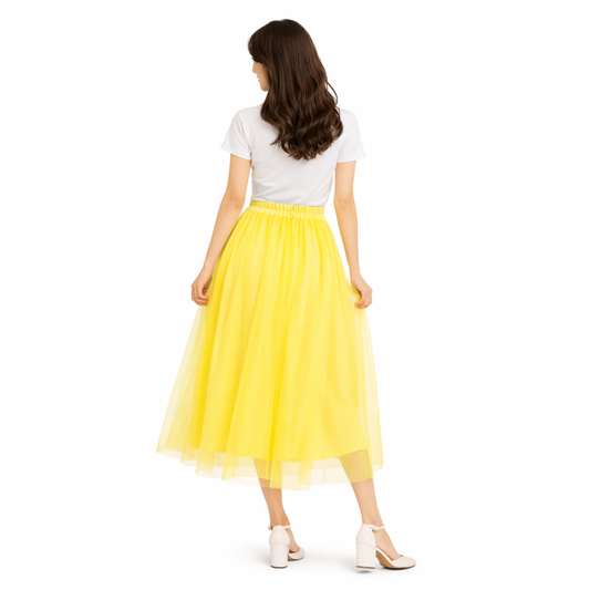 Gonna Midi in Tulle Donna con Vita Elastica e Fiocco