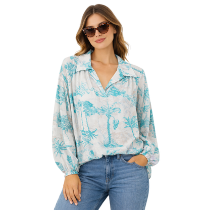 Blusa Donna Stampa Tropicale Collo Aperto
