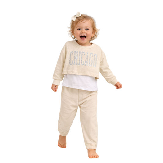 Completo Bambina 3 Pezzi Chicago con Strass e Pantaloni con Tasche