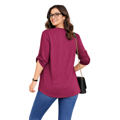 Maglia Donna con Zip Decorativa e Maniche 3/4 – Blusa Casual Elegante