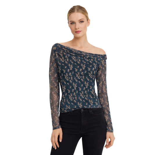 Top in Mesh Floreale Off-Shoulder a Maniche Lunghe – Blusa Donna Slim Fit