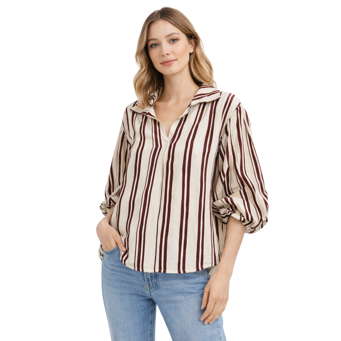 Camicia Donna a Righe con Colletto e Maniche Elastiche