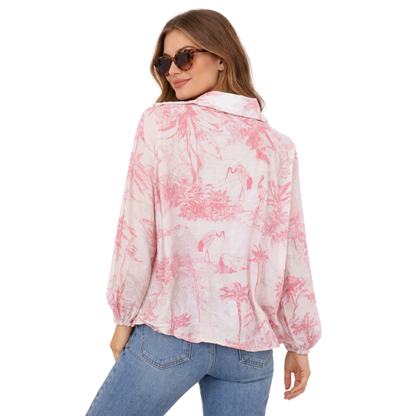 Blusa Donna Stampa Tropicale Collo Aperto