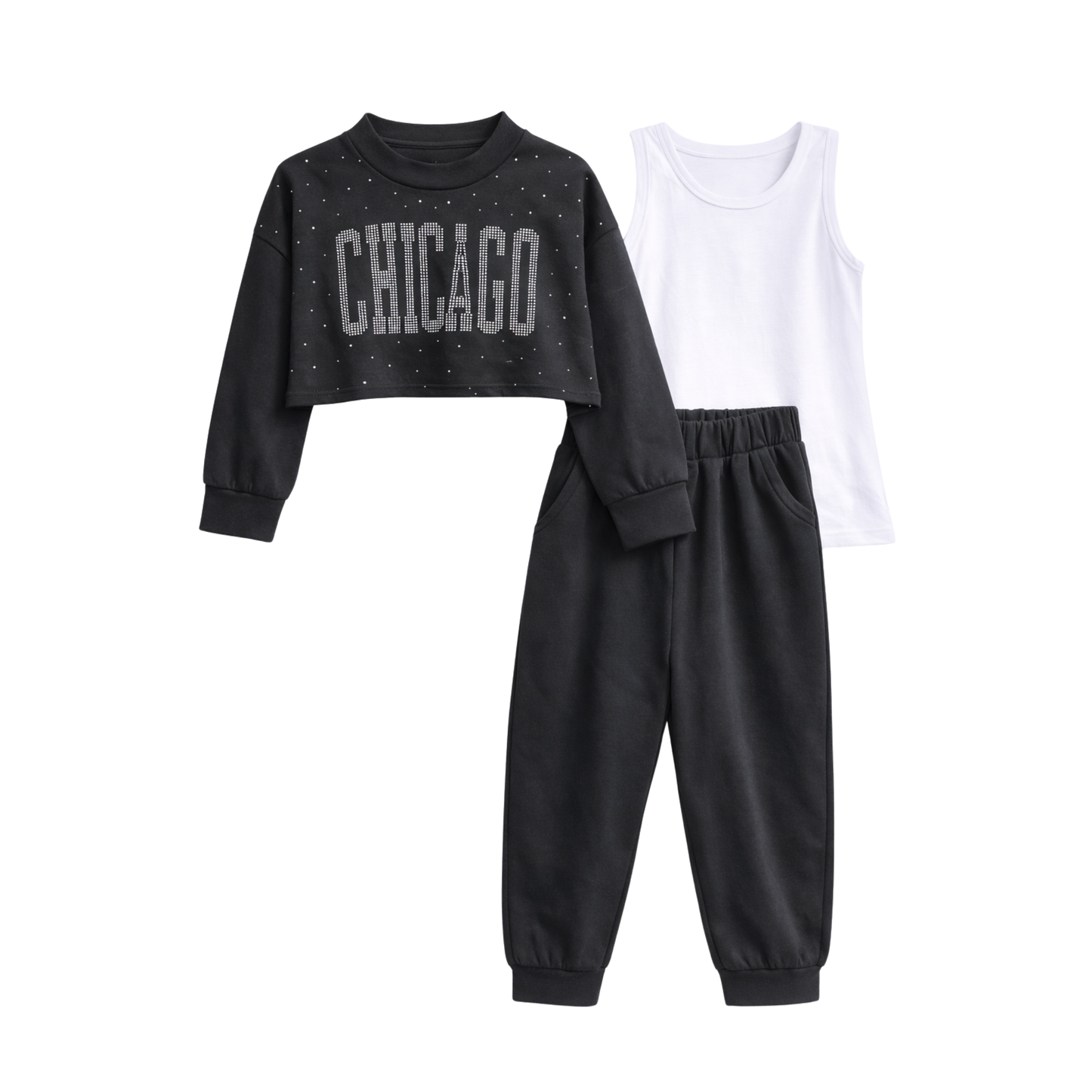 Completo Bambina 3 Pezzi Chicago con Strass e Pantaloni con Tasche