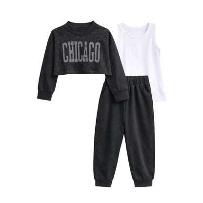 Completo Bambina 3 Pezzi Chicago con Strass e Pantaloni con Tasche