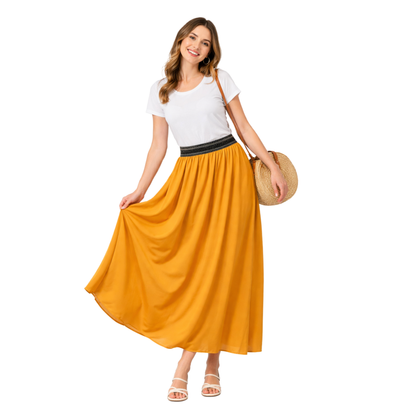 Gonna lunga fluida da donna con vita elastica brillante
