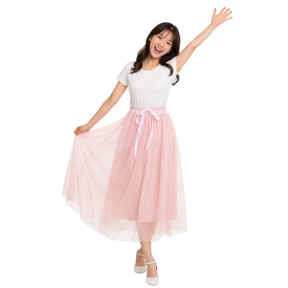 Gonna Midi in Tulle Donna con Vita Elastica e Fiocco