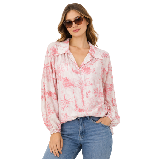 Blusa Donna Stampa Tropicale Collo Aperto