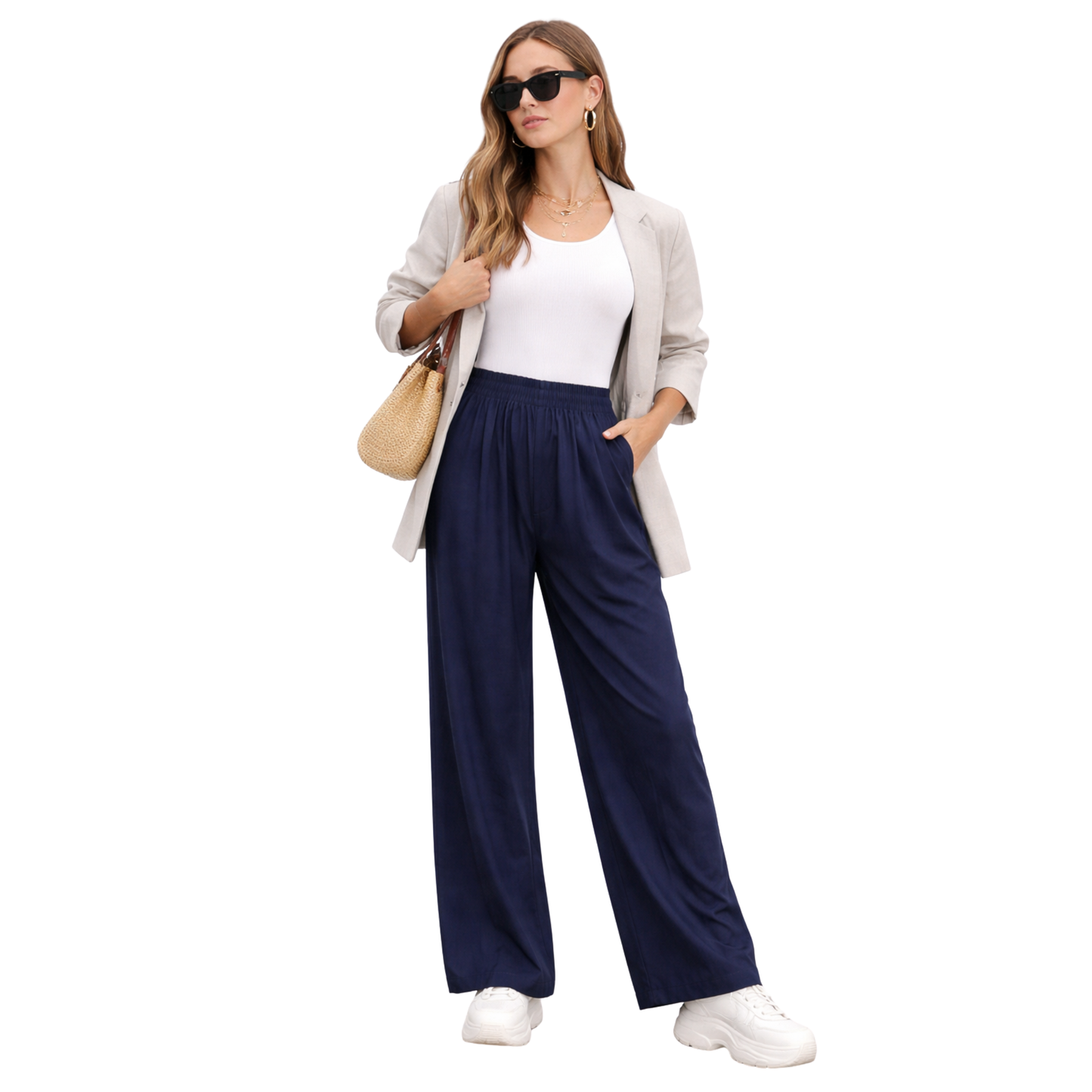 Pantaloni Palazzo Donna Vita Alta Elastico Eleganti Casual