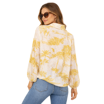 Blusa Donna Stampa Tropicale Collo Aperto