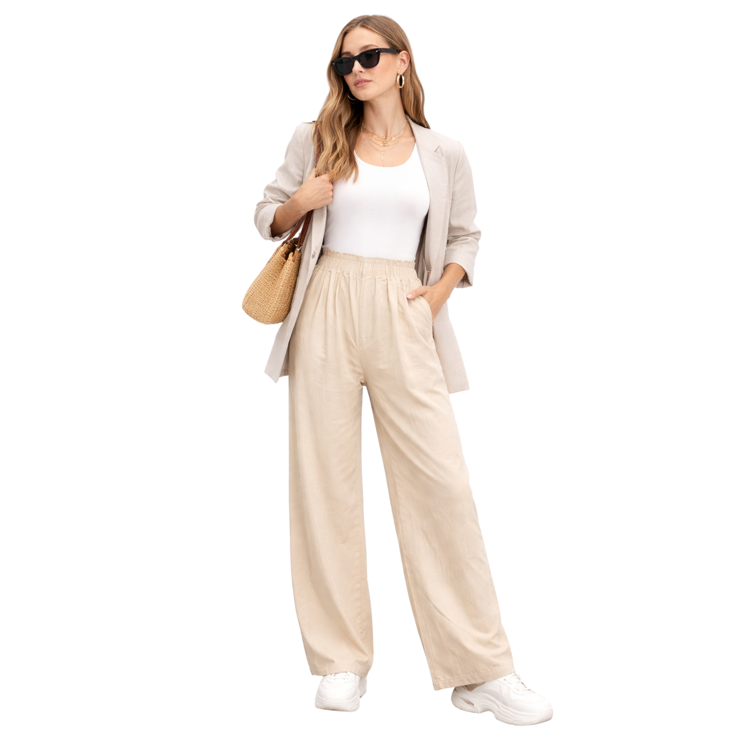 Pantaloni Palazzo Donna Vita Alta Elastico Eleganti Casual