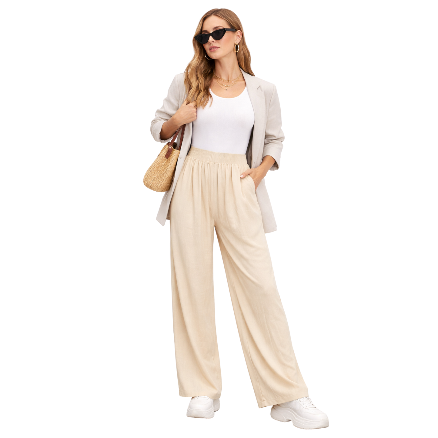 Pantaloni Palazzo Donna Vita Alta Elastico Eleganti Casual