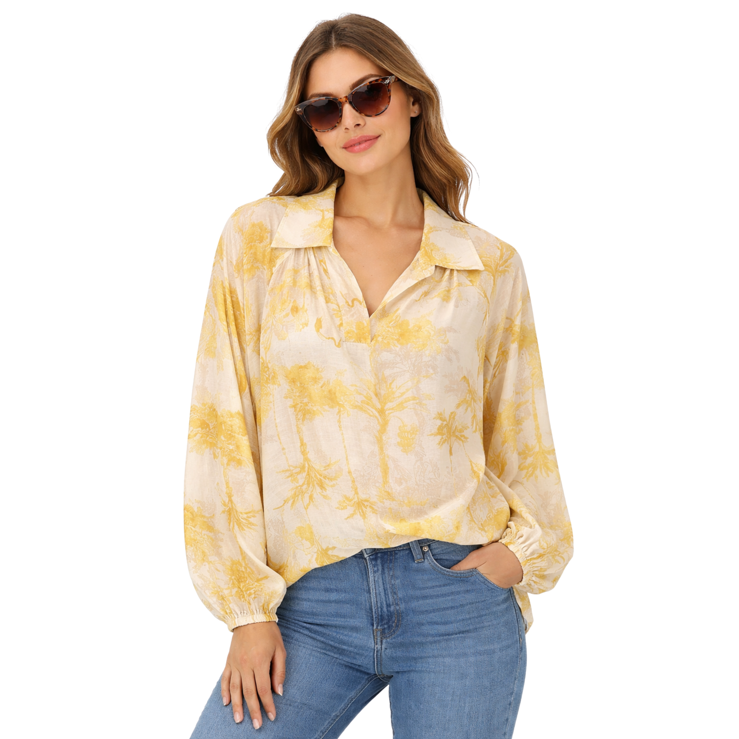Blusa Donna Stampa Tropicale Collo Aperto