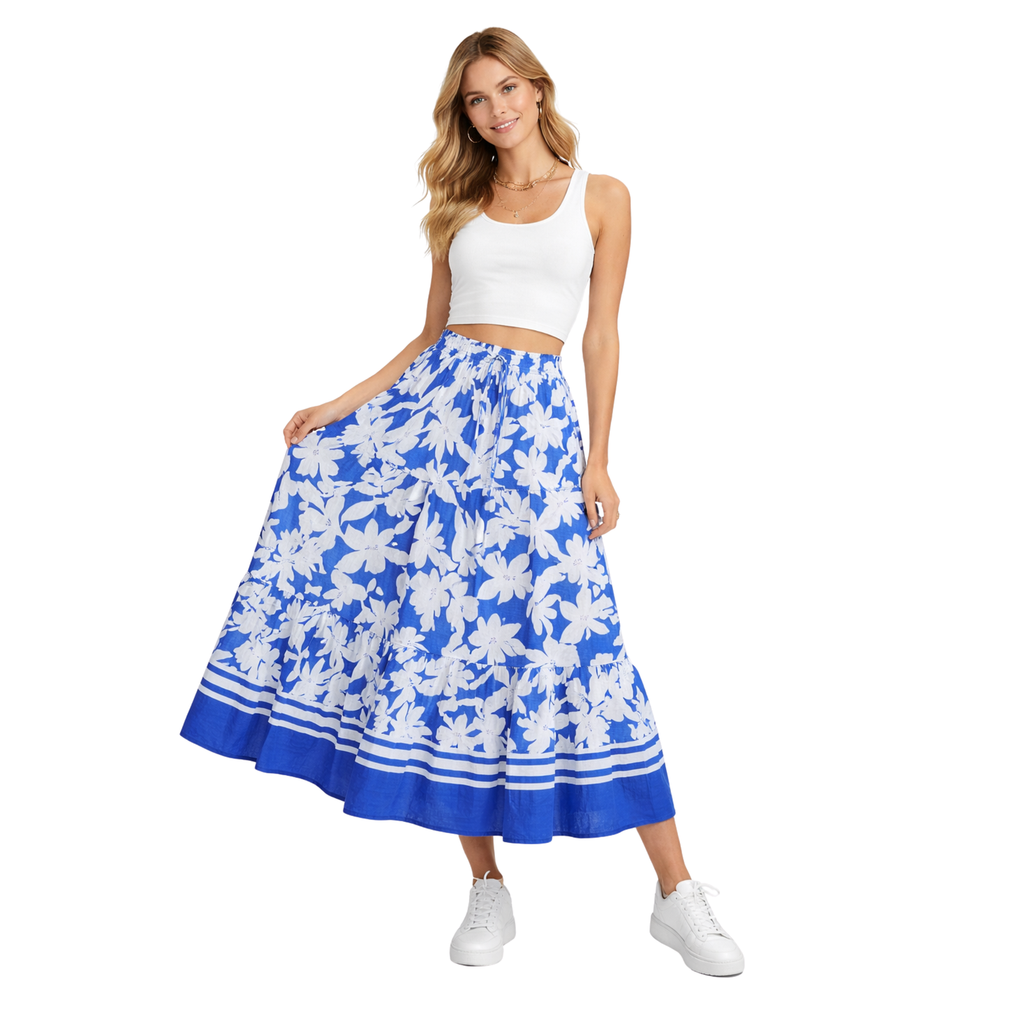 Gonna lunga floreale donna a vita alta con balze