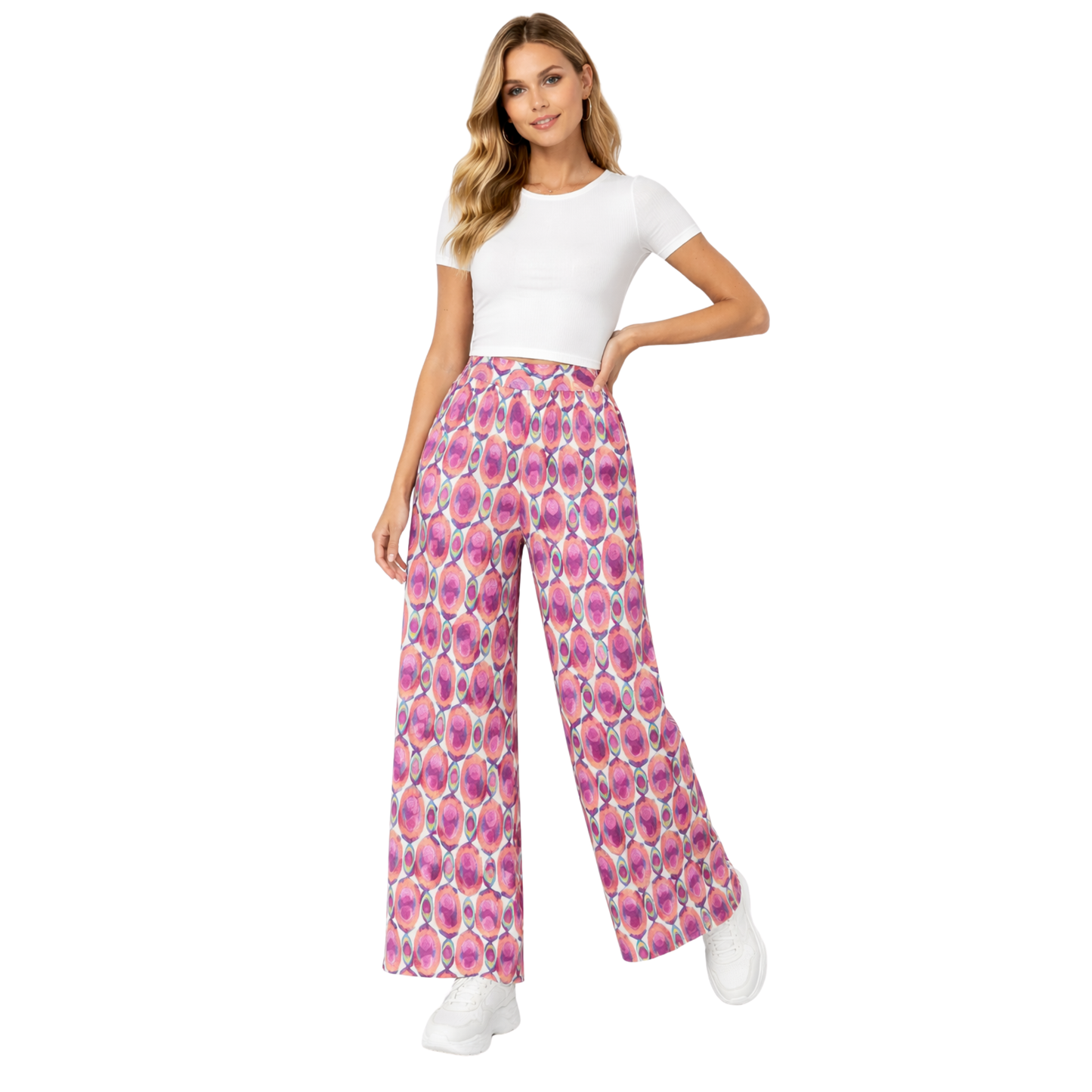 Pantaloni Donna Palazzo Vita Alta Elasticizzati Eleganti Casual