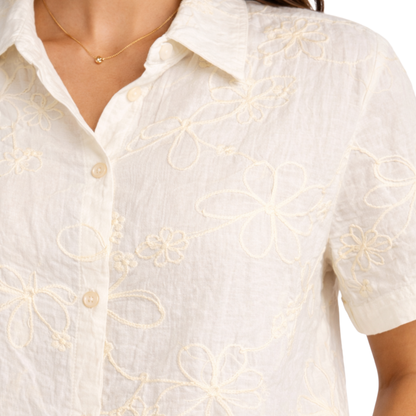 Completo Donna Estivo Elegante con Ricami Floreali – Camicia e Pantaloni
