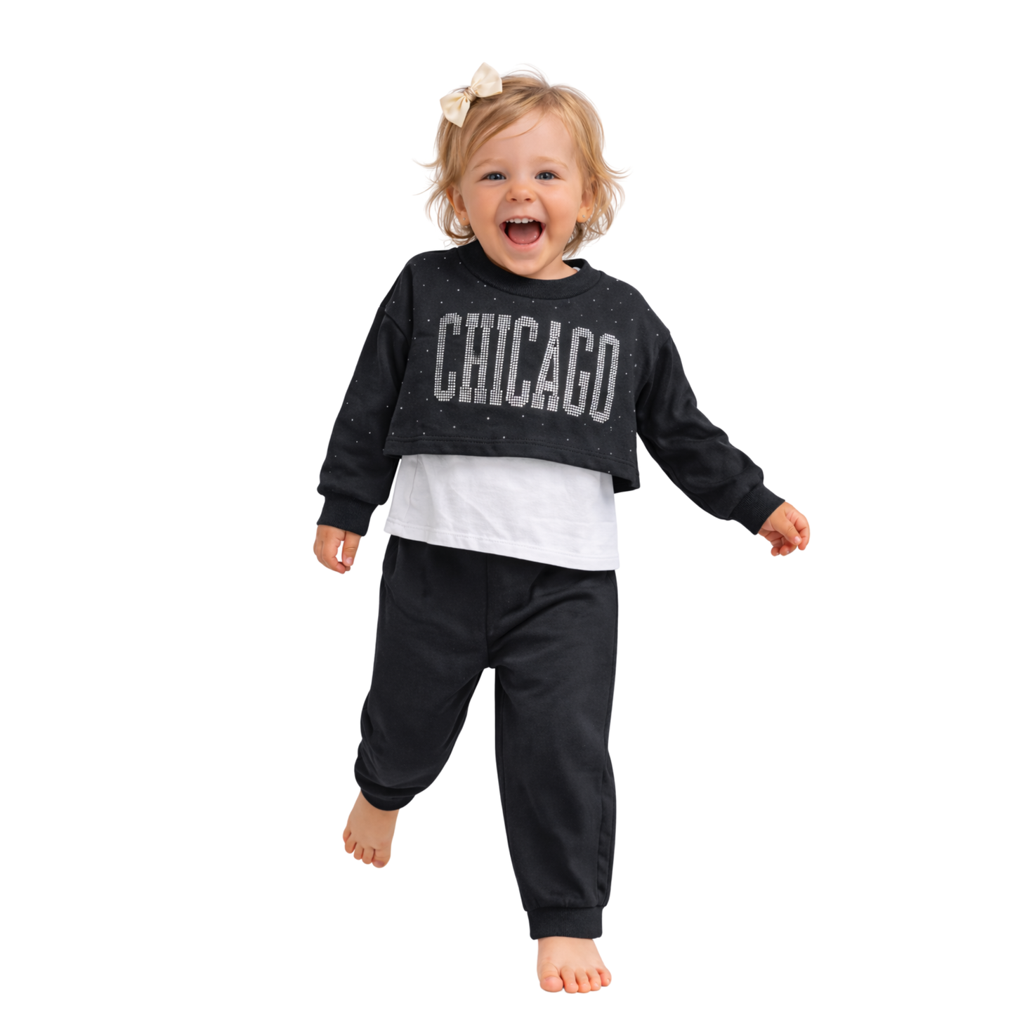 Completo Bambina 3 Pezzi Chicago con Strass e Pantaloni con Tasche